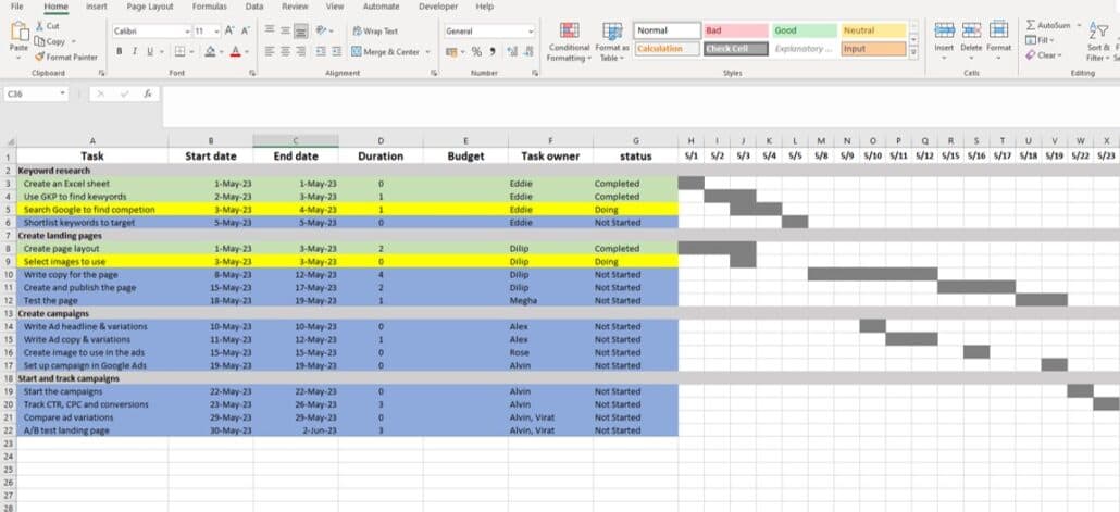 Excel project plan template with Gantt chart and task tracker
