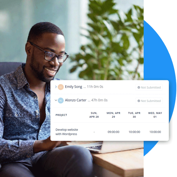 Timesheet approval workflow in HiveDesk showing manager review and approve process