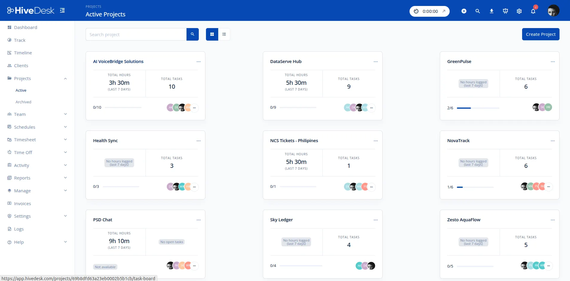 HiveDesk active projects dashboard with status and progress tracking