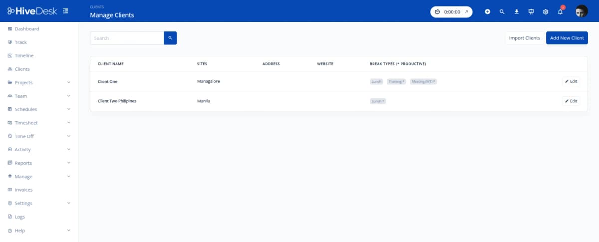 HiveDesk client management dashboard showing multiple BPO client accounts