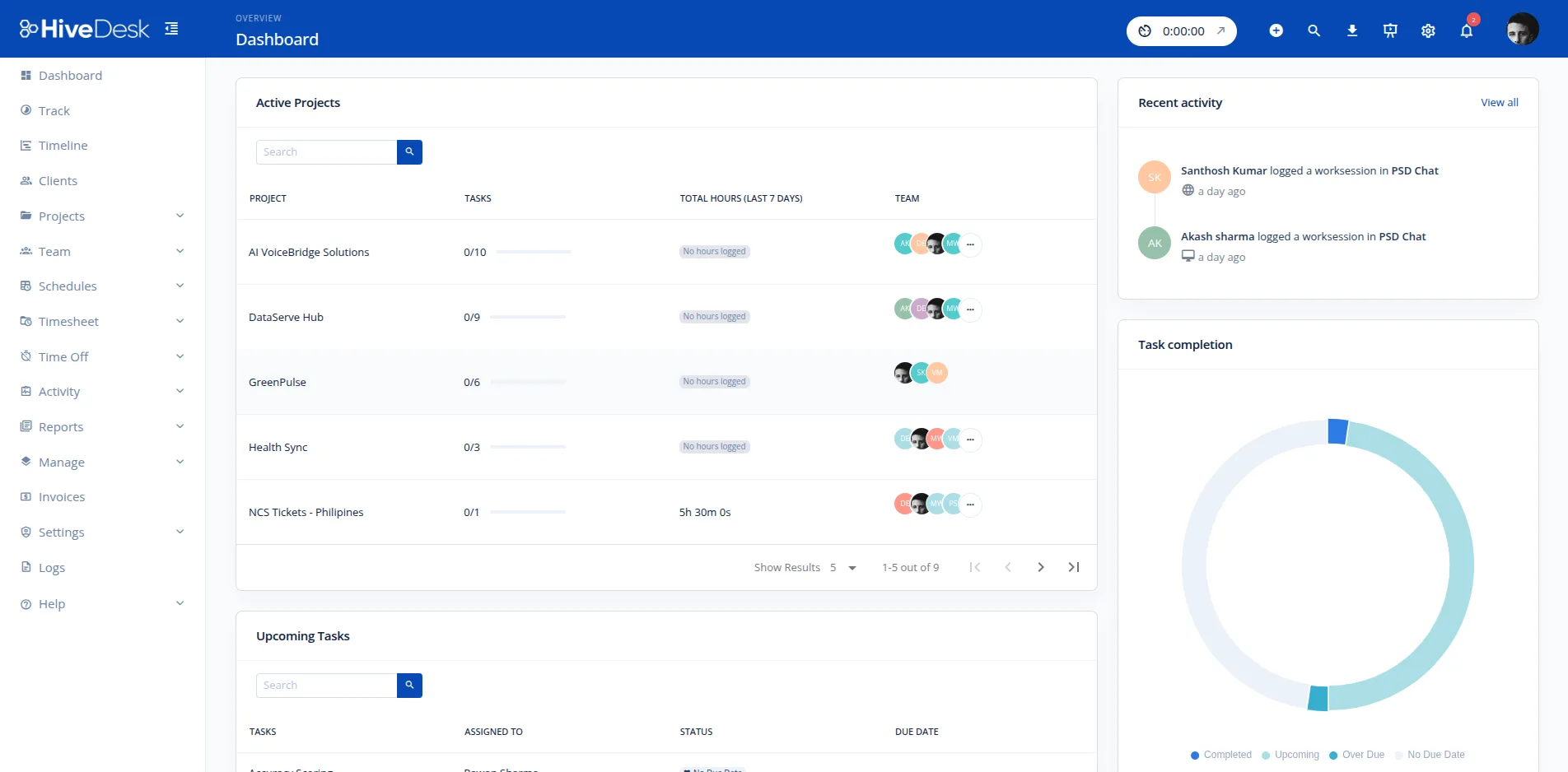HiveDesk workforce management dashboard showing team activity and project overview