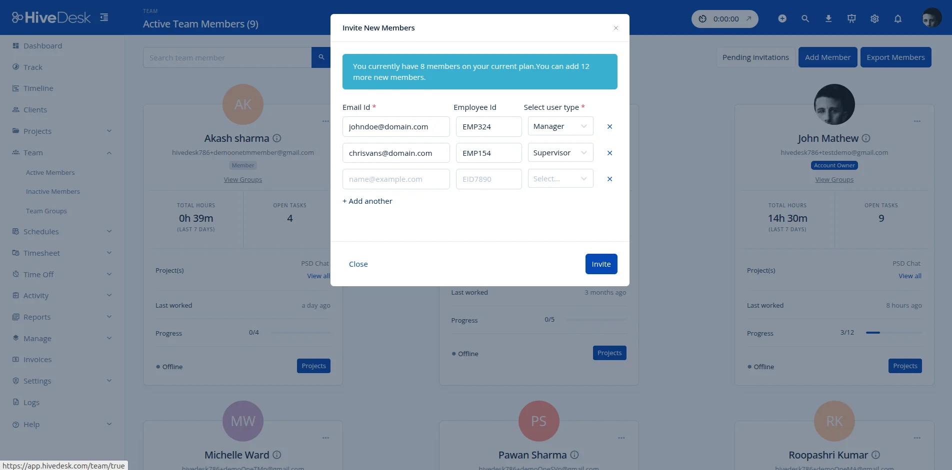 HiveDesk invite new team member dialog