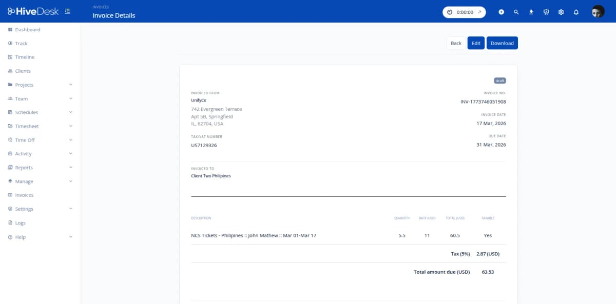 HiveDesk invoice view showing billable hours tracked by client and project