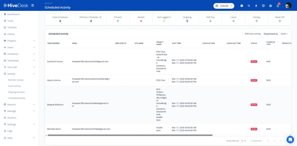 HiveDesk scheduled activity view showing call center shift adherence