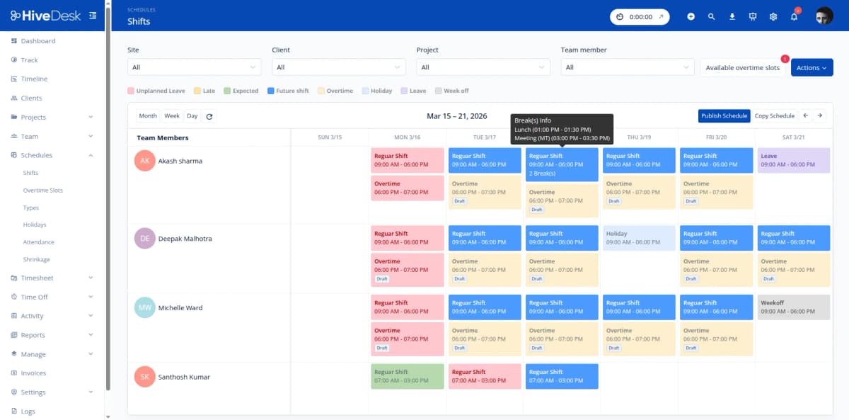 HiveDesk shift scheduling for customer support teams showing agent assignments