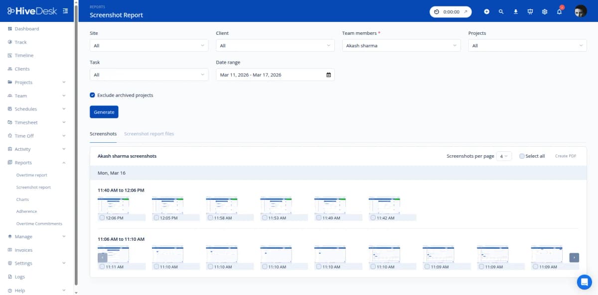 HiveDesk screenshot report showing agent work activity during a shift