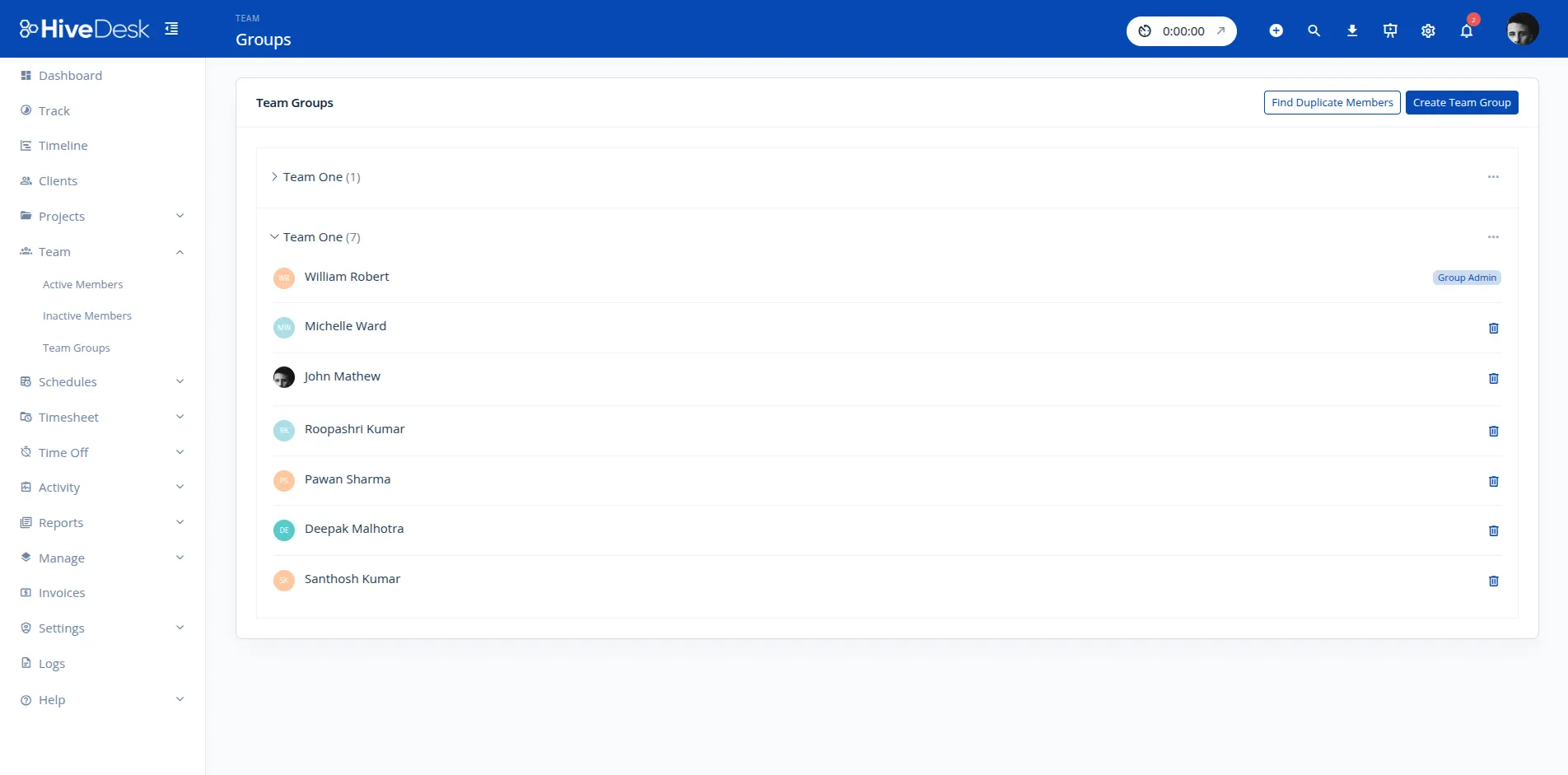 HiveDesk team groups management showing department organization