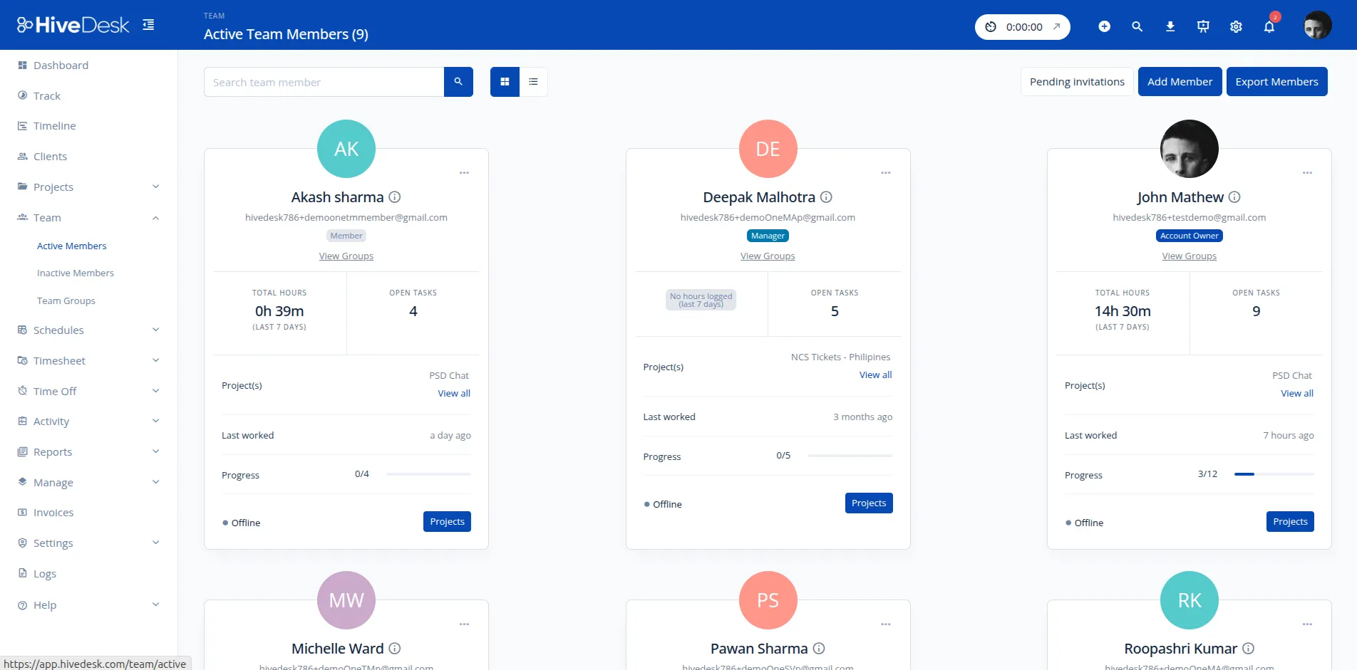 HiveDesk team monitoring dashboard showing active team members and their current status