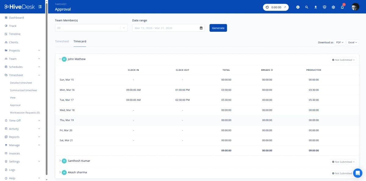 HiveDesk timesheet approval workflow for staffing agency payroll processing