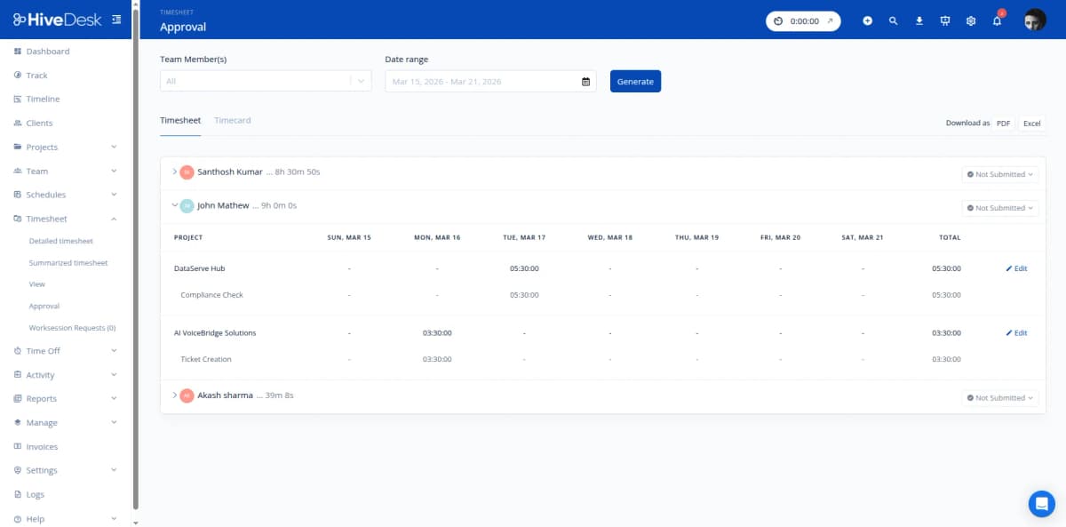 HiveDesk timesheet approval workflow for support team payroll and client billing