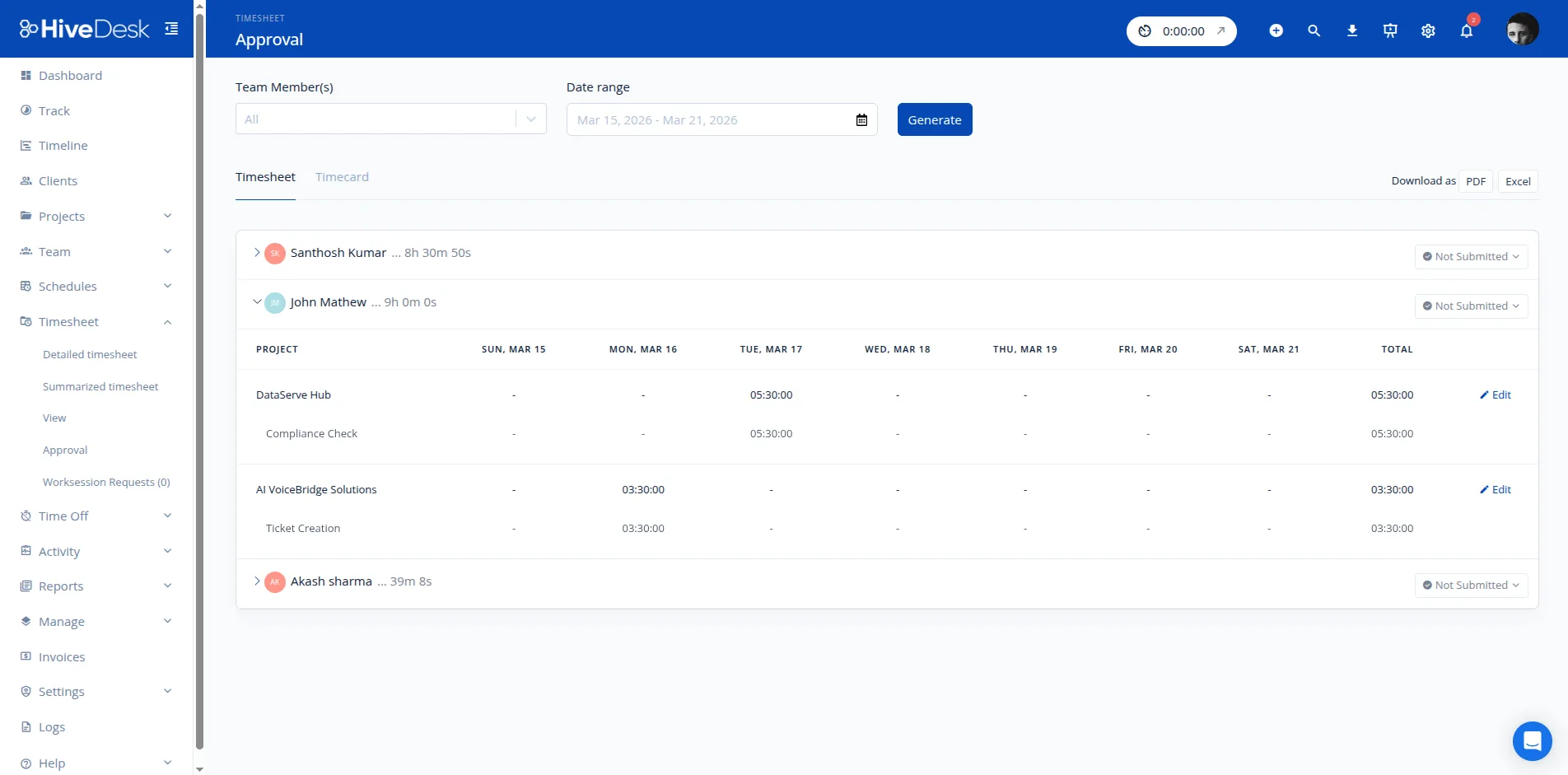 HiveDesk timesheet approval process showing manager review