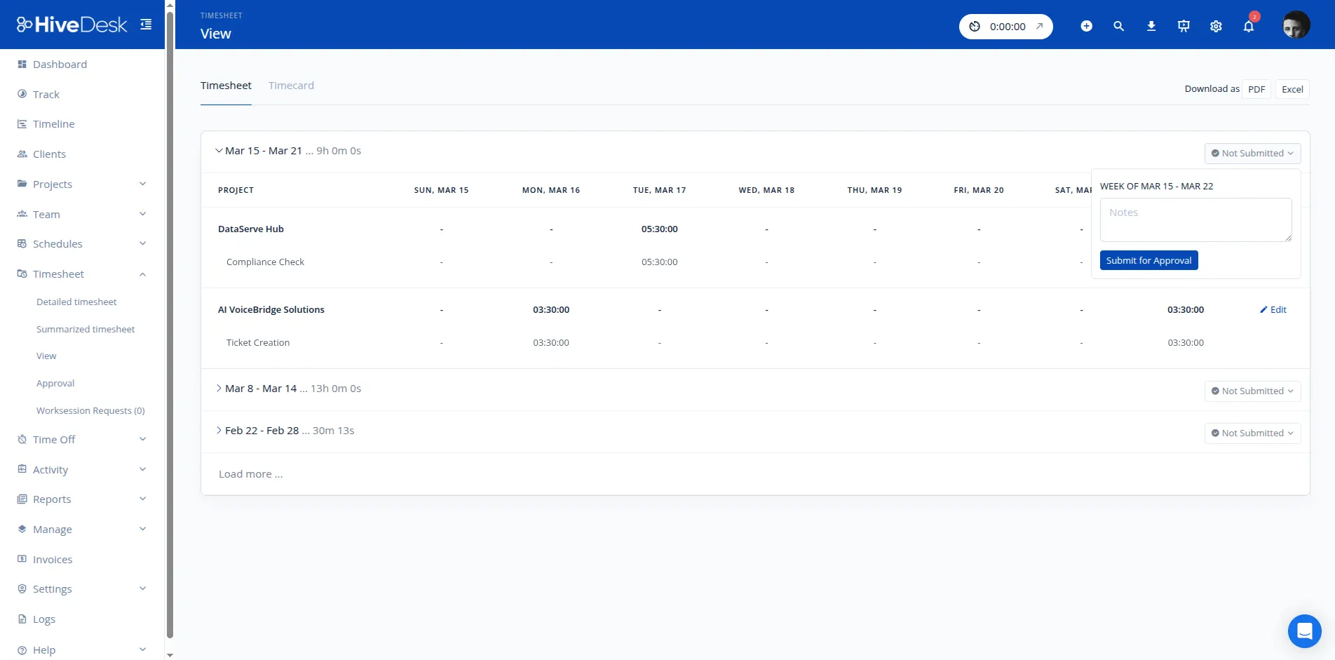 HiveDesk timesheet software showing automated timesheet view with hours by project and employee