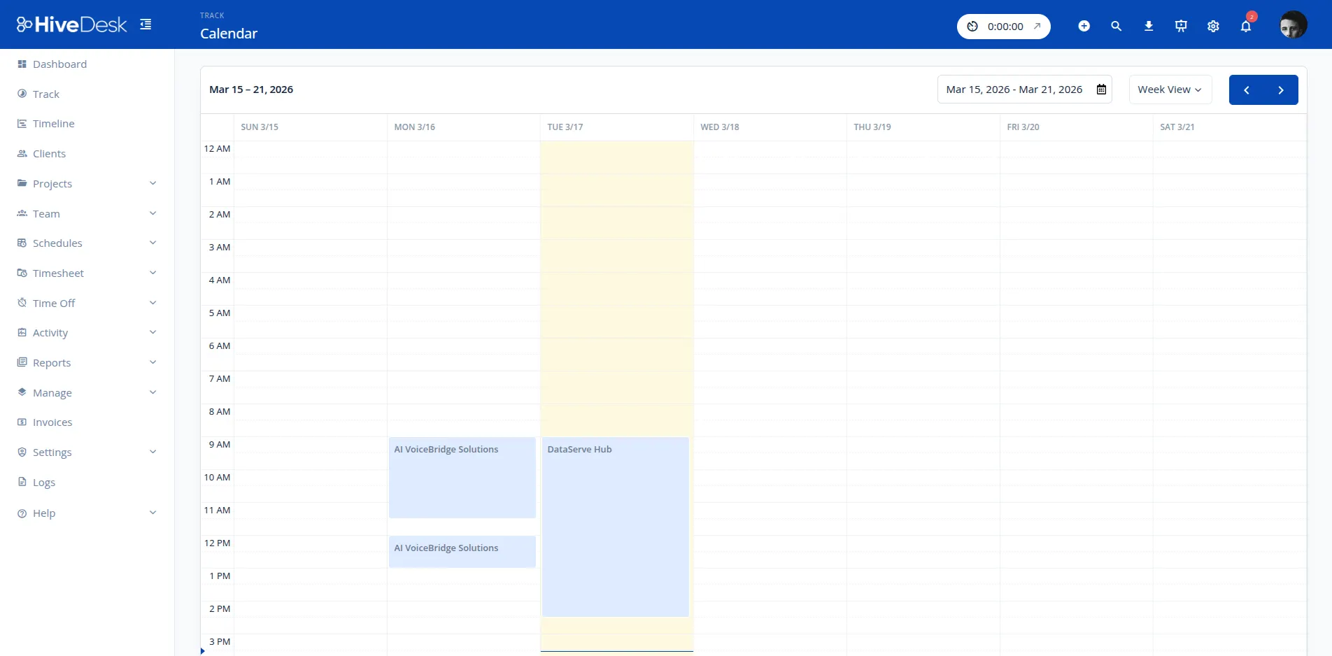 HiveDesk workforce scheduling calendar view showing team assignments