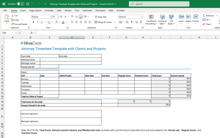 Attorney timesheet template in Excel for tracking time